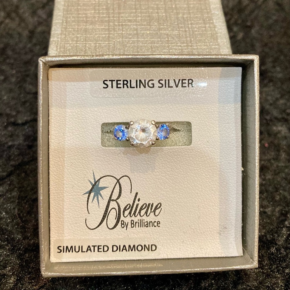 Sterling Silver Simulated Diamond Ring with Blue Accents